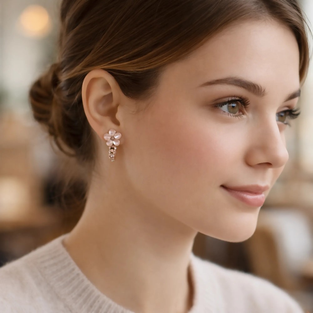 Kolczyki pozłacane kwiatki na modelce – weekendowy look, delikatny akcent do swetra