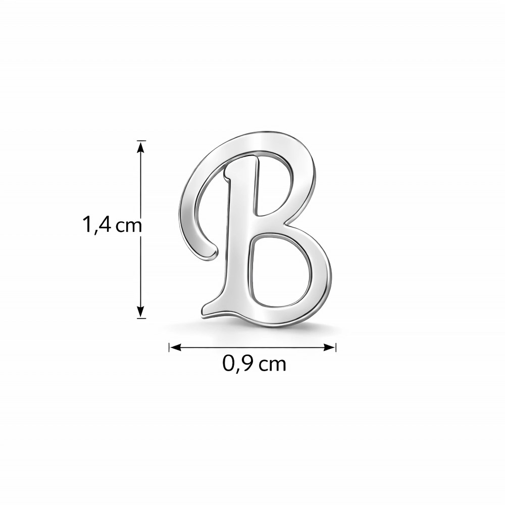 Schemat wymiarów srebrnych kolczyków literka B: 1,4 cm na 0,9 cm.