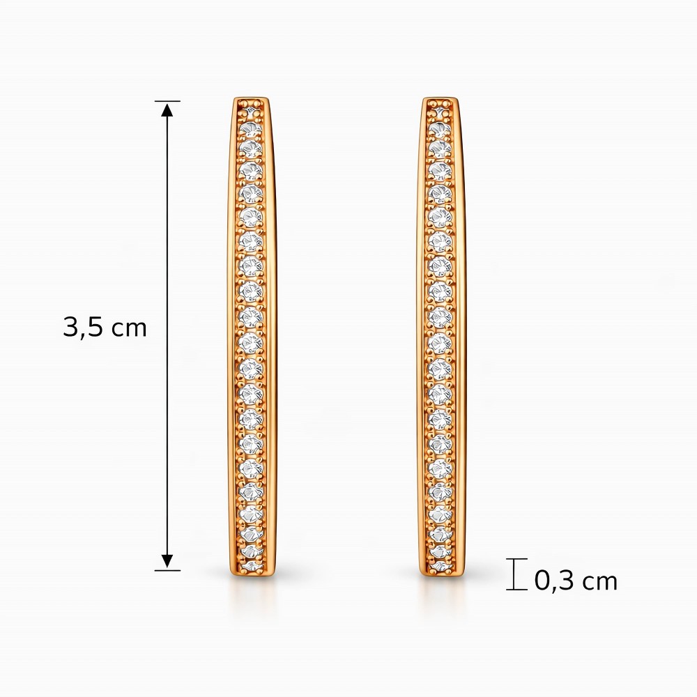 Zdjęcie kolczyków pozłacanych z cyrkoniami z naniesionym wymiarem 3,5 cm.