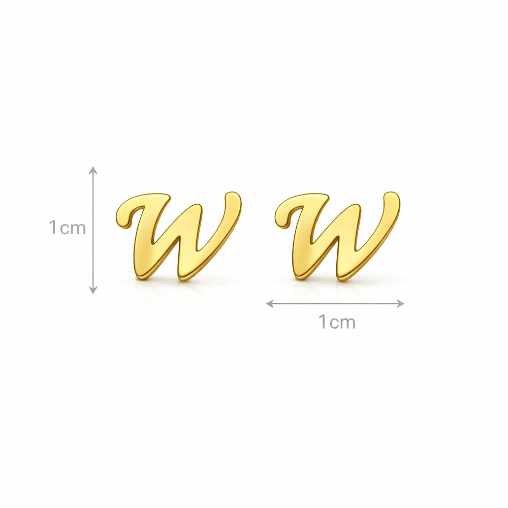 Kolczyki literka W – wymiary 1 cm x 1 cm, zaznaczona wysokość i szerokość (stal chirurgiczna pozłacana)