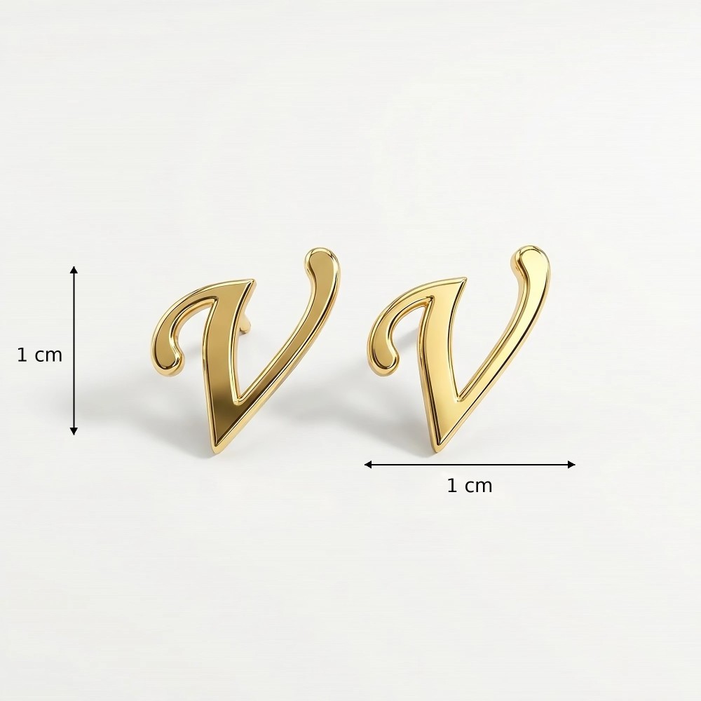 Kolczyki literka V – wymiary 1 cm x 1 cm, zaznaczona wysokość i szerokość (stal chirurgiczna pozłacana)