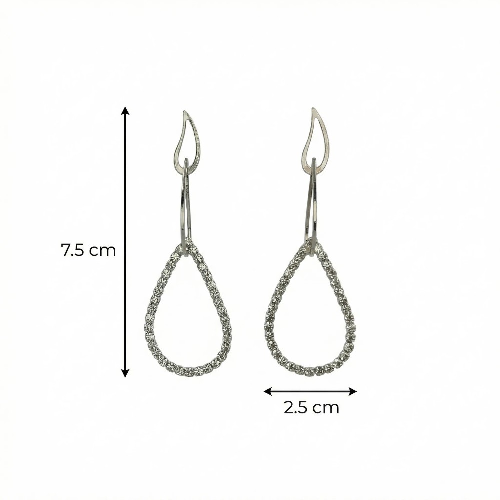 Schemat techniczny kolczyków wiszących wskazujący długość 7,5 cm oraz szerokość kropli 2,5 cm.