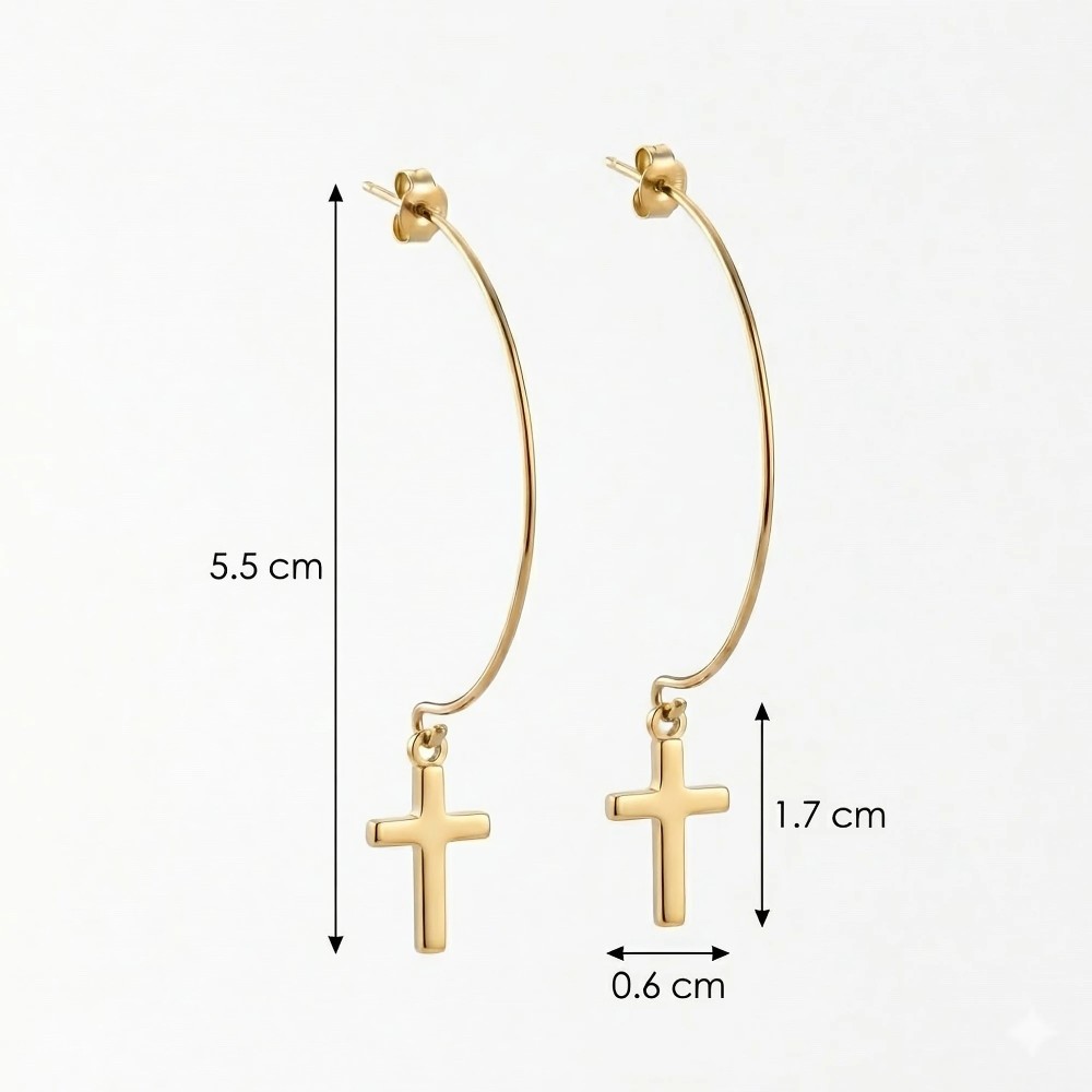 Wymiary kolczyków wiszących krzyżyk – 6 cm, krzyżyk 1,7 cm, szer. 0,6 cm