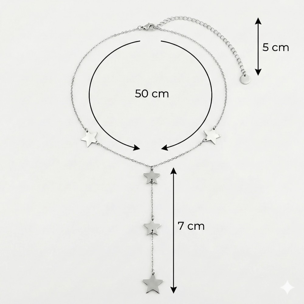 Schemat techniczny naszyjnika: obwód 50 cm, przedłużka 5 cm, wisząca krawatka 7 cm.