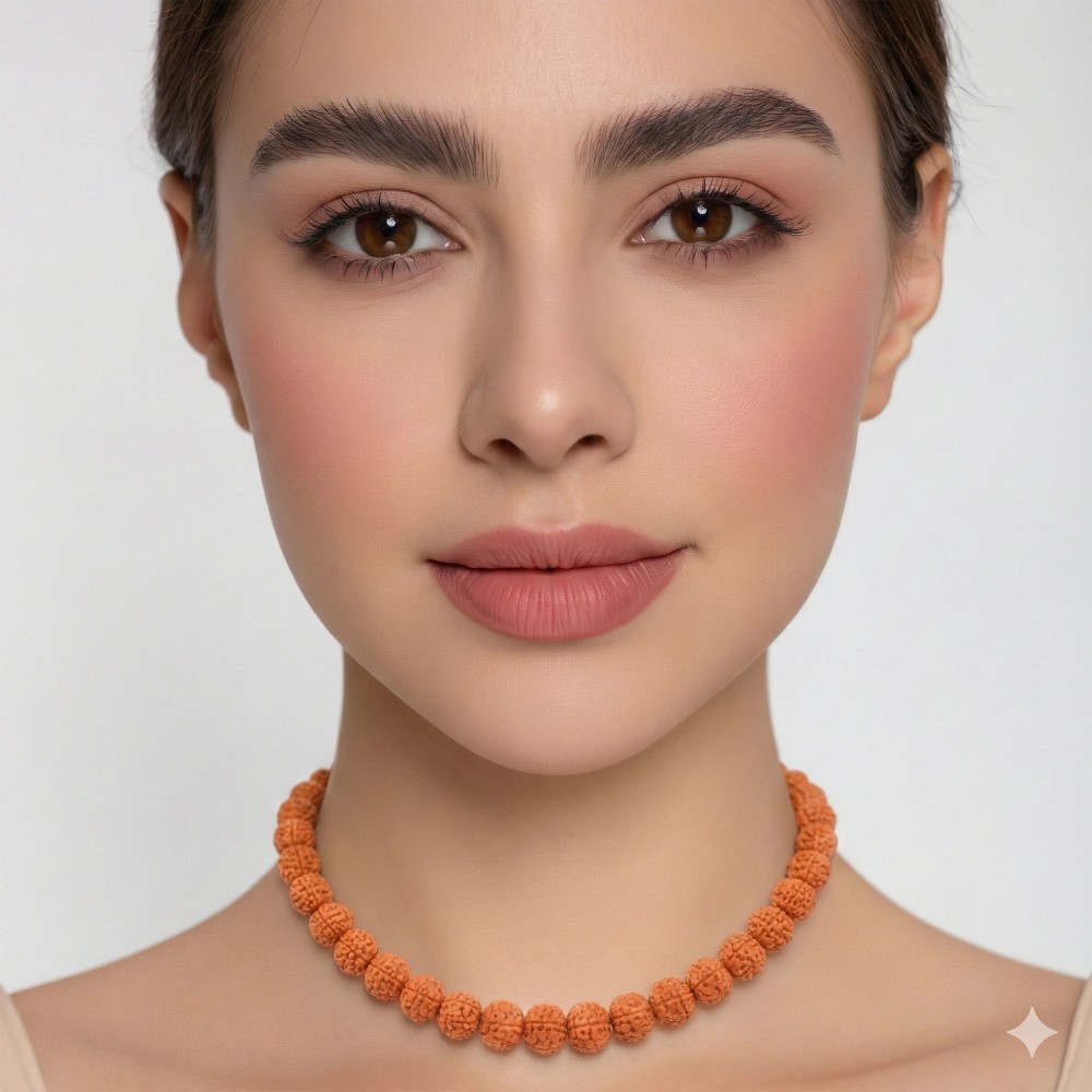 Naszyjnik z naturalnych korali rudraksha na modelce w miękkim świetle