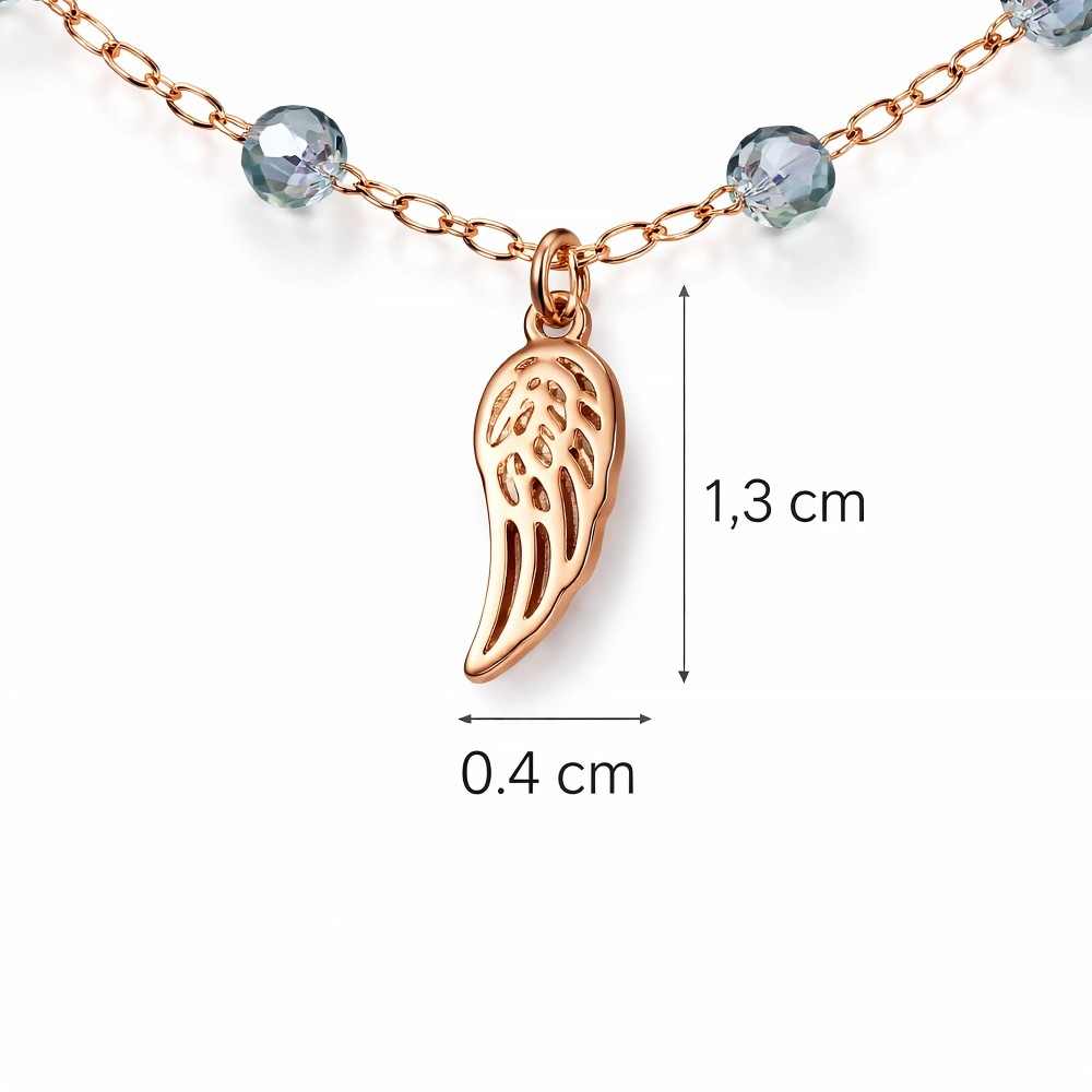 Skrzydełko rose gold 1,3 x 0,4 cm, celebrytka stal chirurgiczna z koralikami błękitnoszarymi
