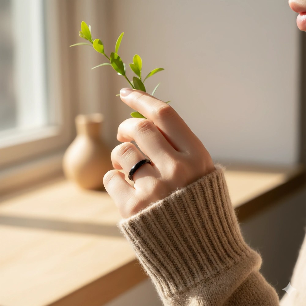 Czarna wąska obrączka ceramiczna na dłoni trzymającej zieloną gałązkę – ujęcie lifestyle
