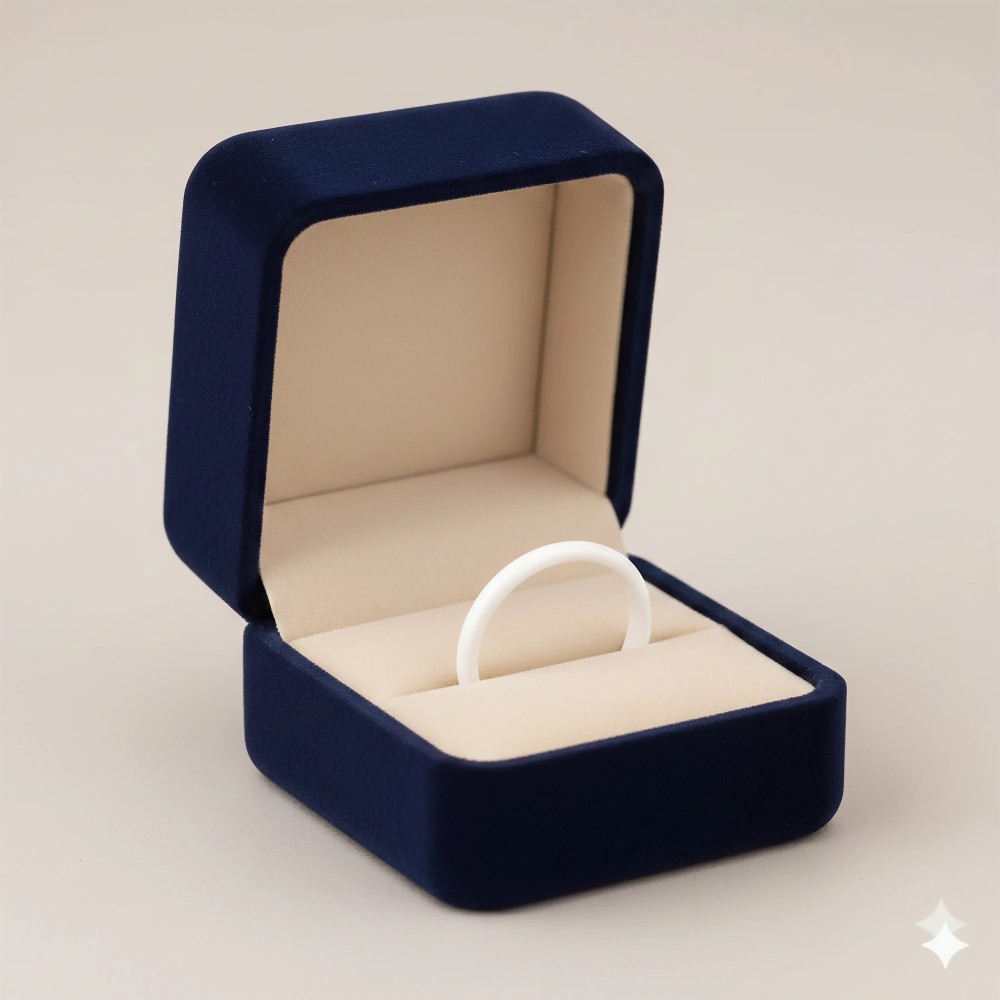 Biała obrączka ceramiczna 0,3 cm w granatowym pudełku prezentowym