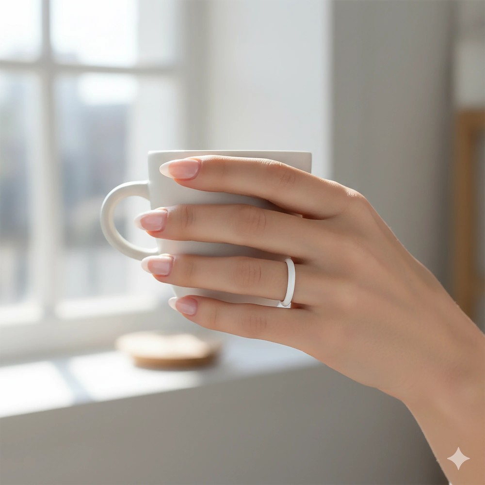 Biała wąska obrączka ceramiczna 0,3 cm na dłoni przy filiżance