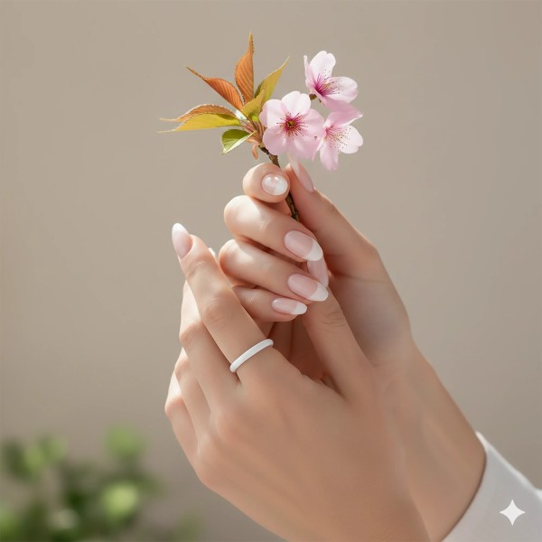Biała obrączka ceramiczna 0,3 cm na dłoni trzymającej gałązkę kwiatów