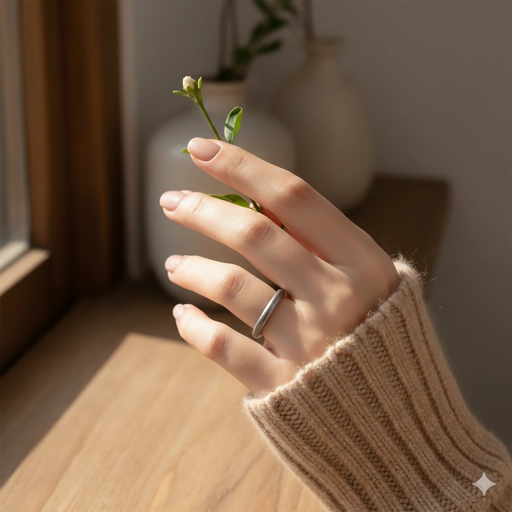 Szara wąska obrączka ceramiczna na dłoni – delikatne ujęcie lifestyle z gałązką