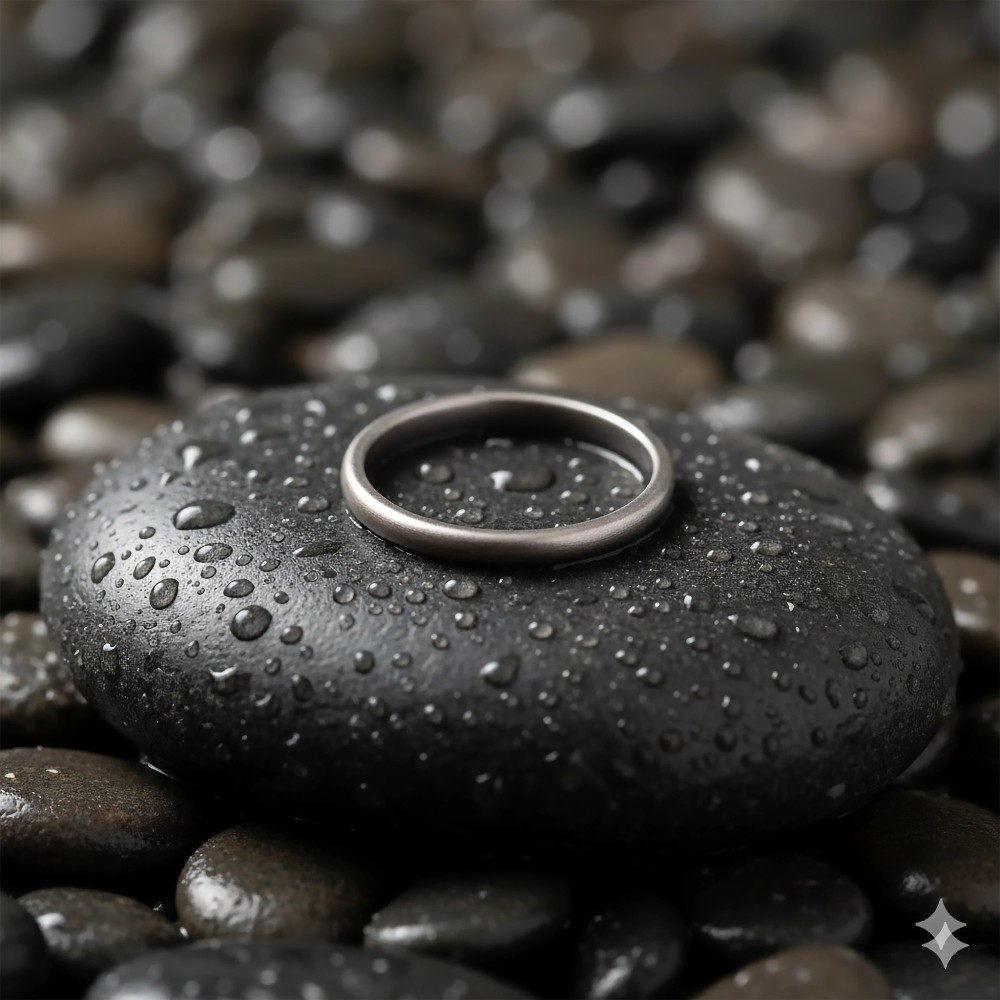 Szara obrączka ceramiczna 0,3 cm na kamieniu z kroplami wody – zbliżenie detalu