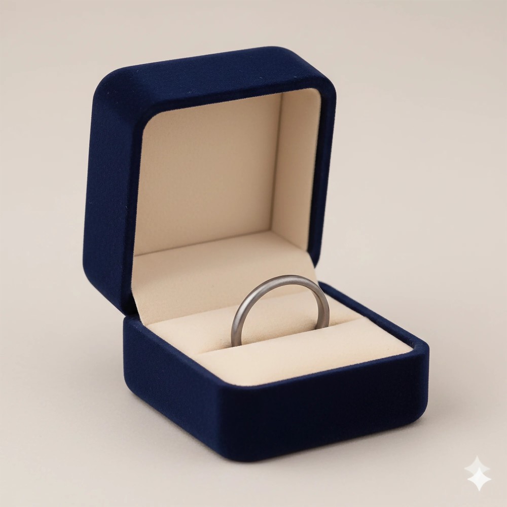 Szara wąska obrączka ceramiczna 0,3 cm w granatowym pudełeczku jubilerskim