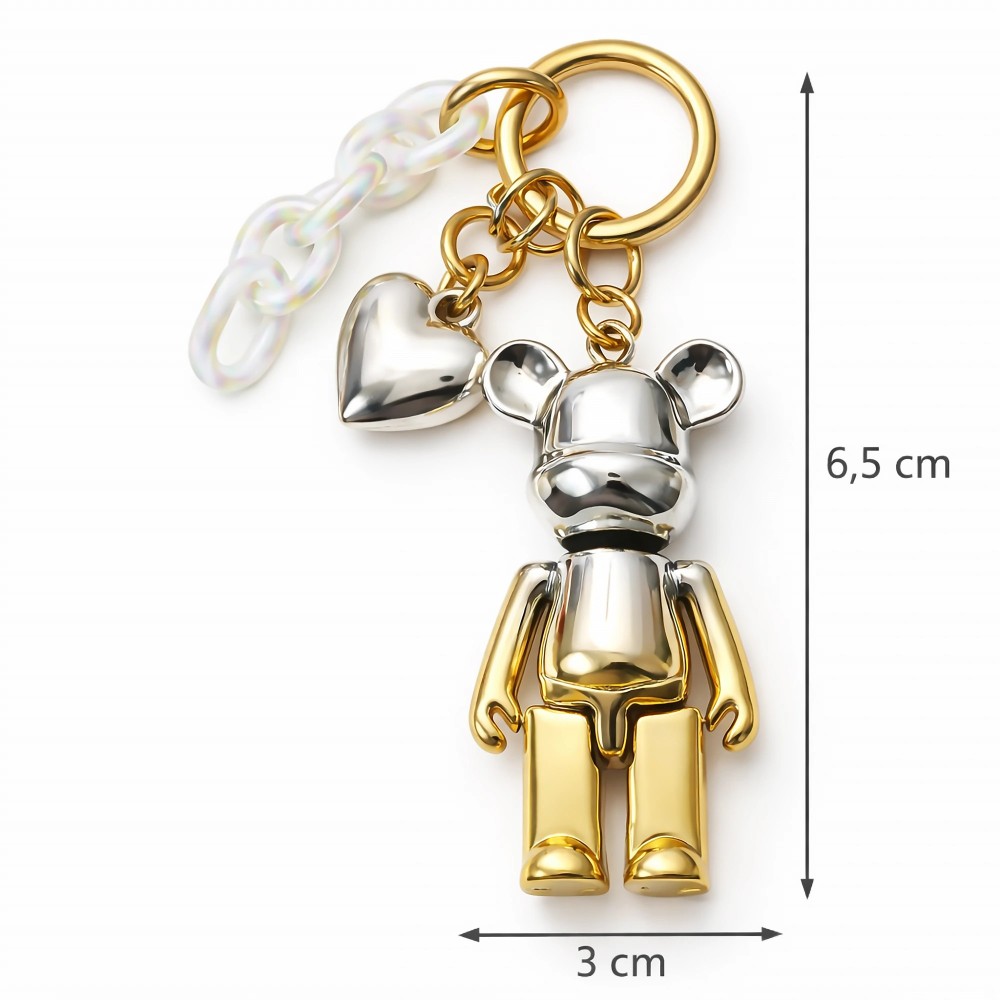 Brelok miś srebrno-złoty – wymiary postaci 6,5 cm × 3 cm – tworzywo sztuczne