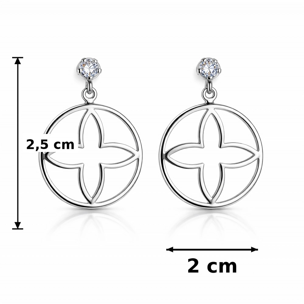 Wymiary kolczyków z krzyżem lilii: długość 2,5 cm, szerokość koła 2 cm.