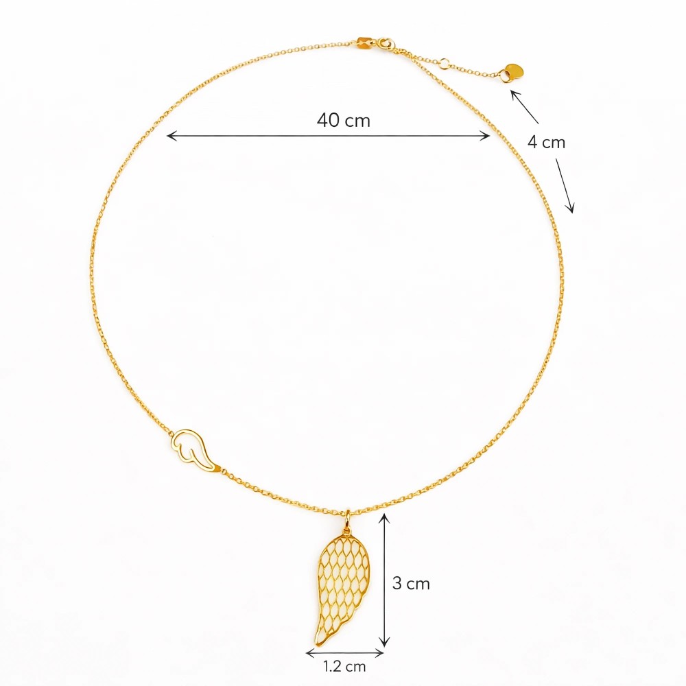 Naszyjnik ze stali chirurgicznej z zawieszką skrzydło z wymiarami 40 cm plus 4 cm przedłużki oraz zawieszką 3 cm x 1,2 cm